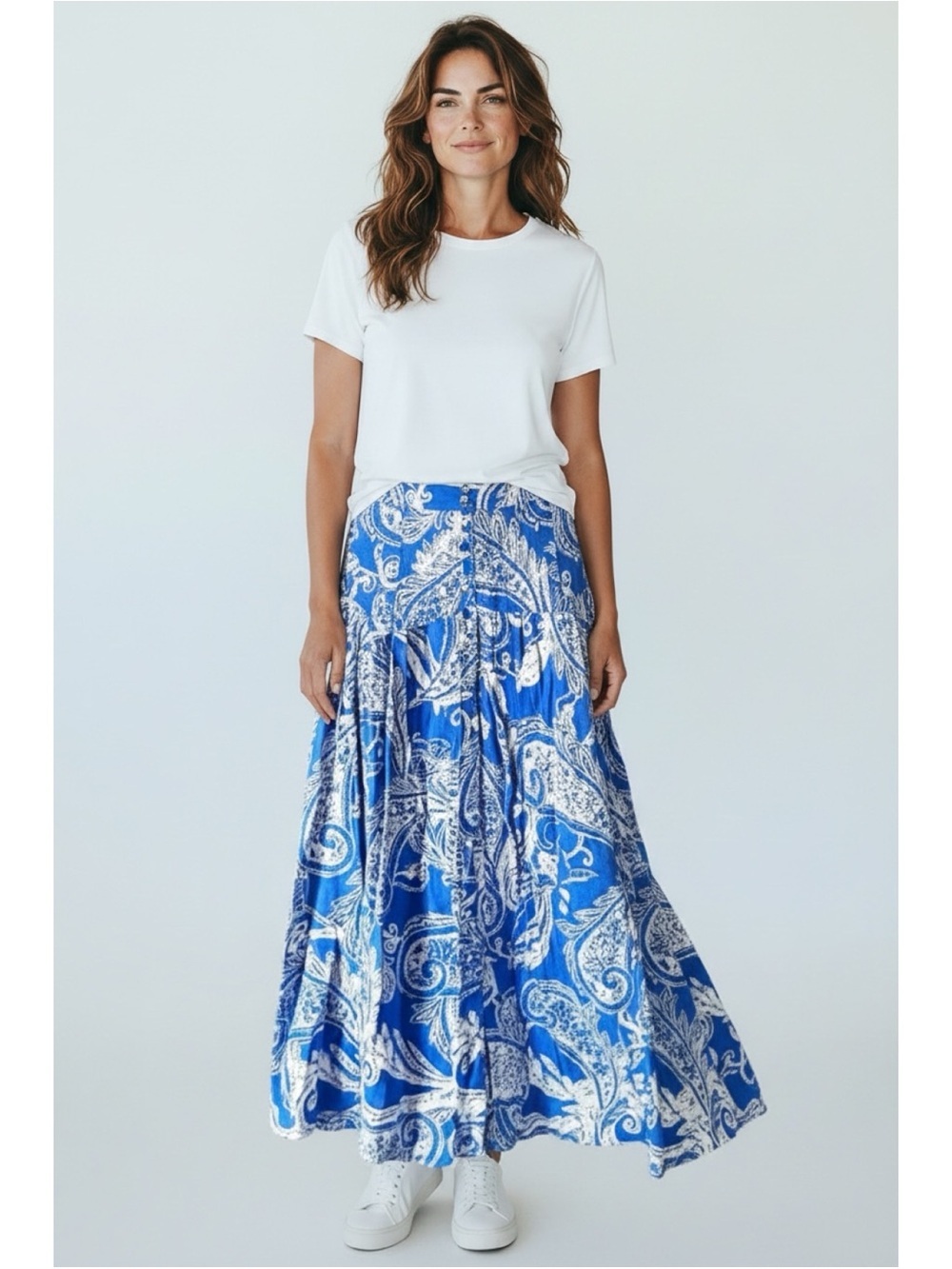 Free People / Boho Blue and White Paisley Maxi Skirt Lined Button Front Side Zip